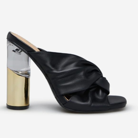 Block High Heels Slip-on Sandal. Black and Gold. Spring, Summer. Faux Leather. - Picture 2 of 7